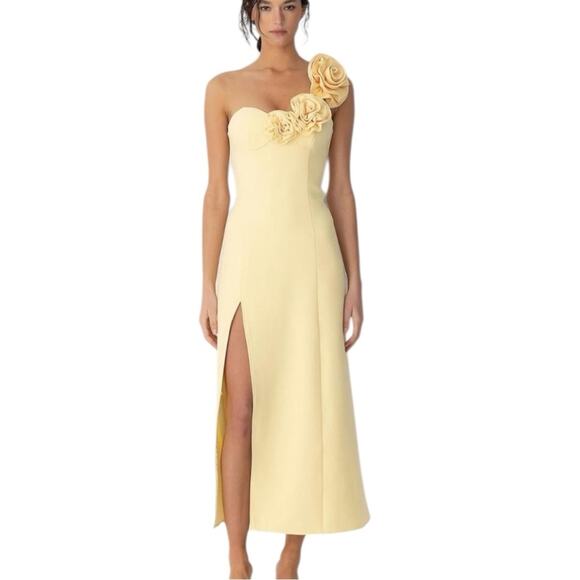 The Wolf Gang One Shoulder Rose Midi Dress with Leg Slit Yellow XL - Picture 4 of 7